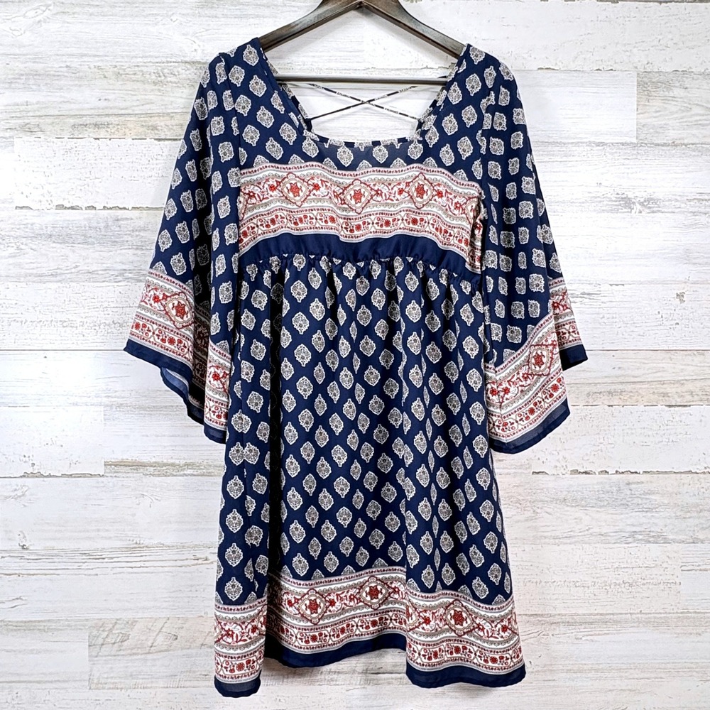 Altar'd State Tunic Dress Women M Blue Boho Bell Sleeve Strappy Back Festival